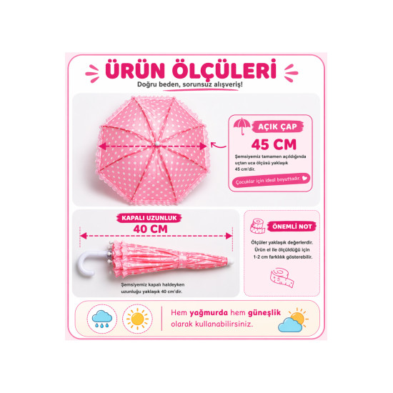 Kız Çocuk Şemsiyesi Pembe Puantiyeli Fırfırlı Kaymaz Saplı Çocuk Şemsiye - Renk: Pembe