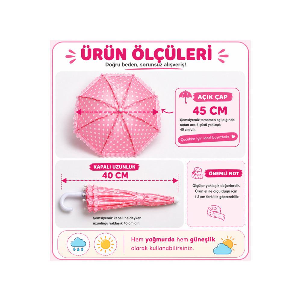 Kız Çocuk Şemsiyesi Pembe Puantiyeli Fırfırlı Kaymaz Saplı Çocuk Şemsiye - Renk: Pembe