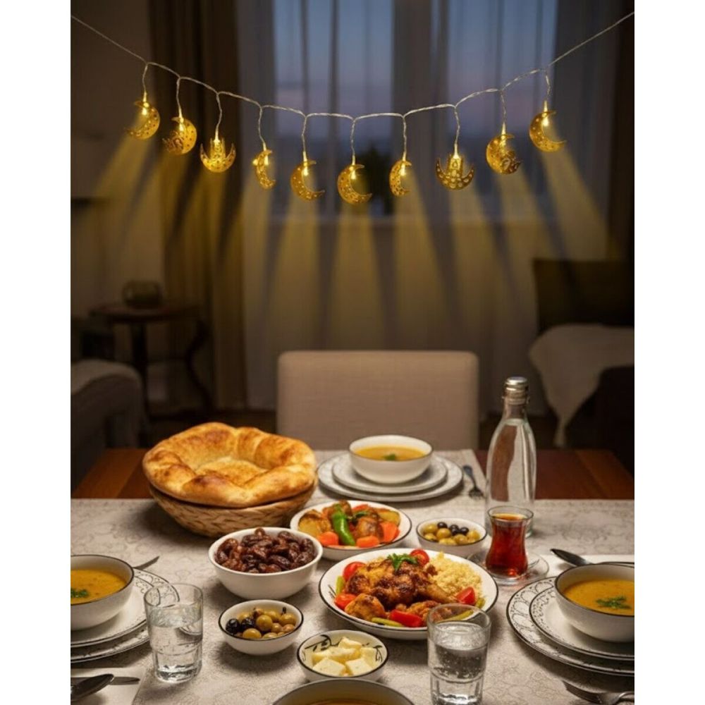 Gold Renk Metal Minareli Hilal LED Işık Pilli Ramazan Süsü