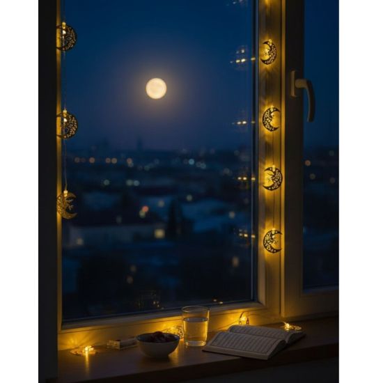 Ramazan Minare Detaylı Hilal LED Işık Günışığı Sarı Metal Süs