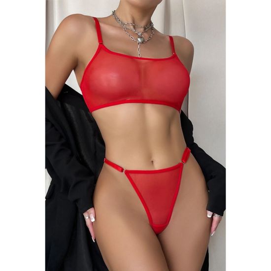 Kırmızı Transparan Tül Bralet Tanga İç Giyim Takımı TM