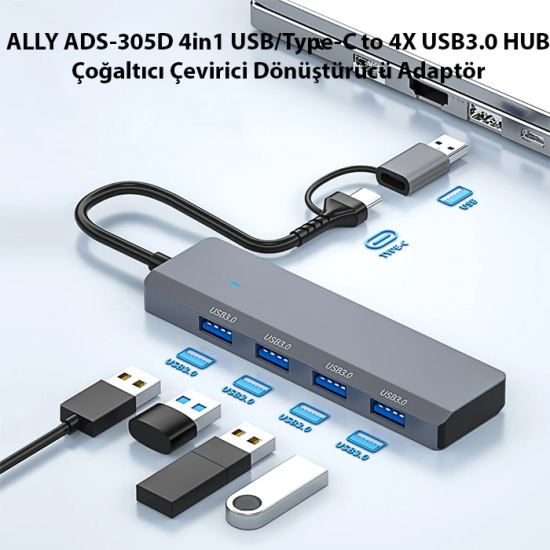 ALLY ADS-305D 4in1 USB/Type-C to 4X USB3.0 HUB Çoğaltıcı Çevirici Dönü