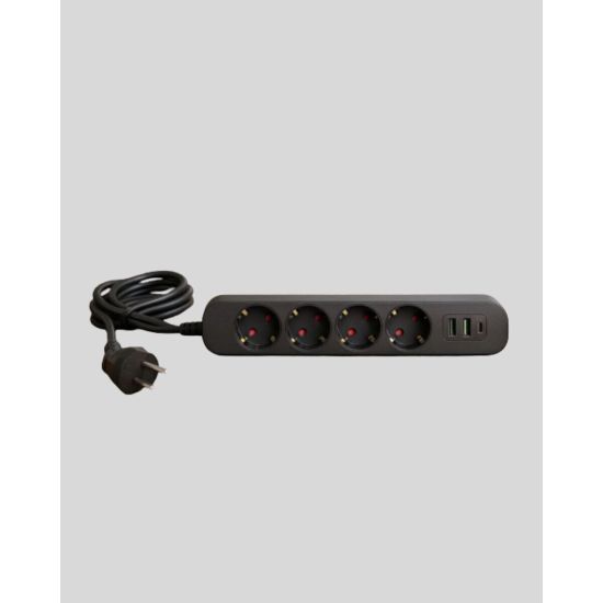 4’lü Çoklu Priz 2 USB Type-C Girişli Akım Korumalı Siyah