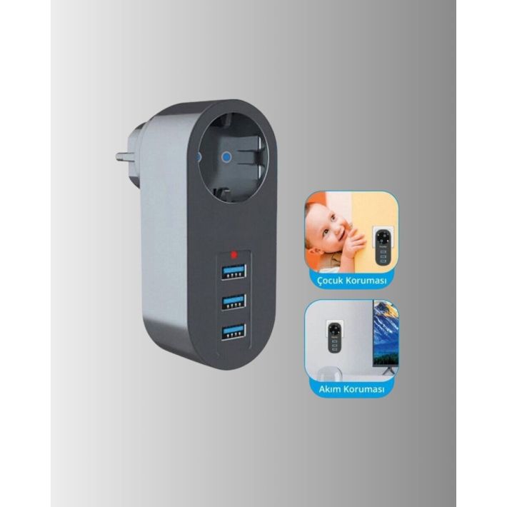 2500W Güç Destekli Akım Korumalı Priz – 3 USB Çıkışlı