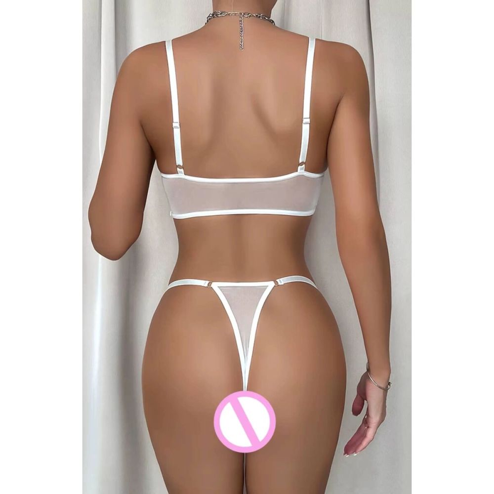 Beyaz Transparan Tül Bralet Tanga İç Giyim Takımı TM