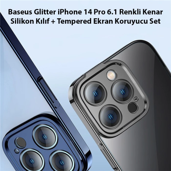 Baseus Glitter iPhone 14 Pro 6.1 Renkli Kenar Silikon Kılıf + Tempered