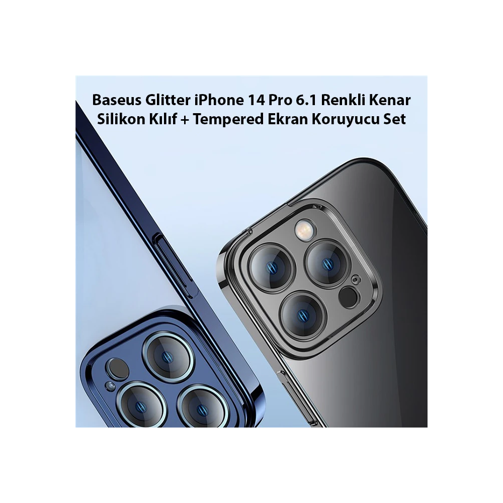 Baseus Glitter iPhone 14 Pro 6.1 Renkli Kenar Silikon Kılıf + Tempered