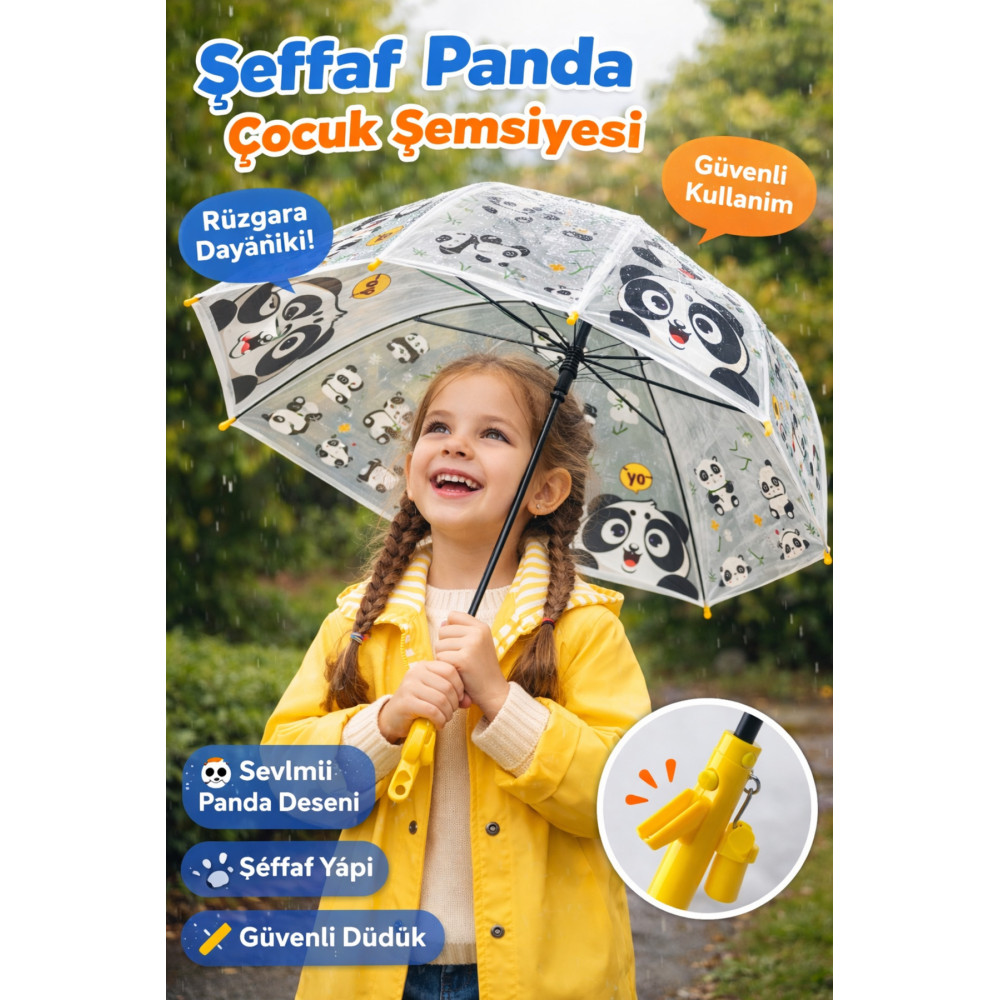 Şeffaf Panda Desenli Çocuk Şemsiyesi Düdüklü Güvenli Tutma Sapı, Rüzgara Dayanıklı