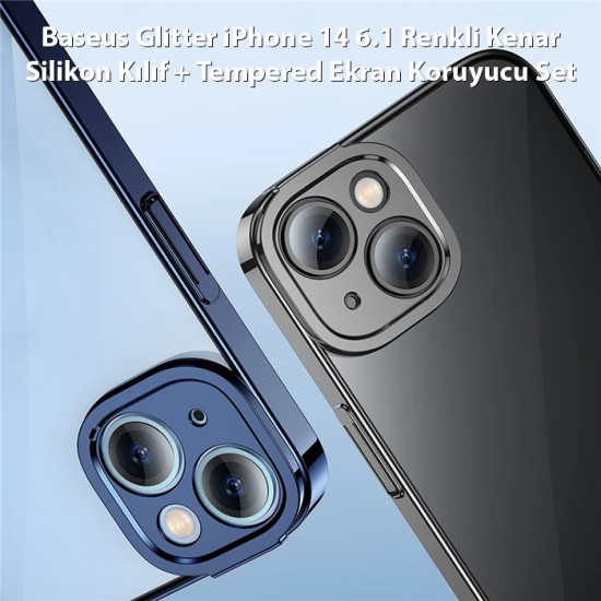 Baseus Glitter iPhone 14 6.1 Renkli Kenar Silikon Kılıf + Tempered Ekr