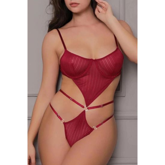 Transparan Bordo Dekolteli Balenli Fantazi İç Giyim Body TM