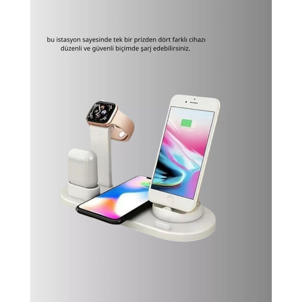 Kablosuz Şarj İstasyonu 4’ü 1 Arada iPhone Watch ve AirPods Uyumlu