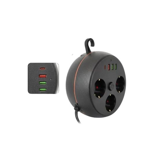 Güvenli Çoklu Priz 3 Priz 3 USB 1 Type C Termal Koruma Uzun Kablo