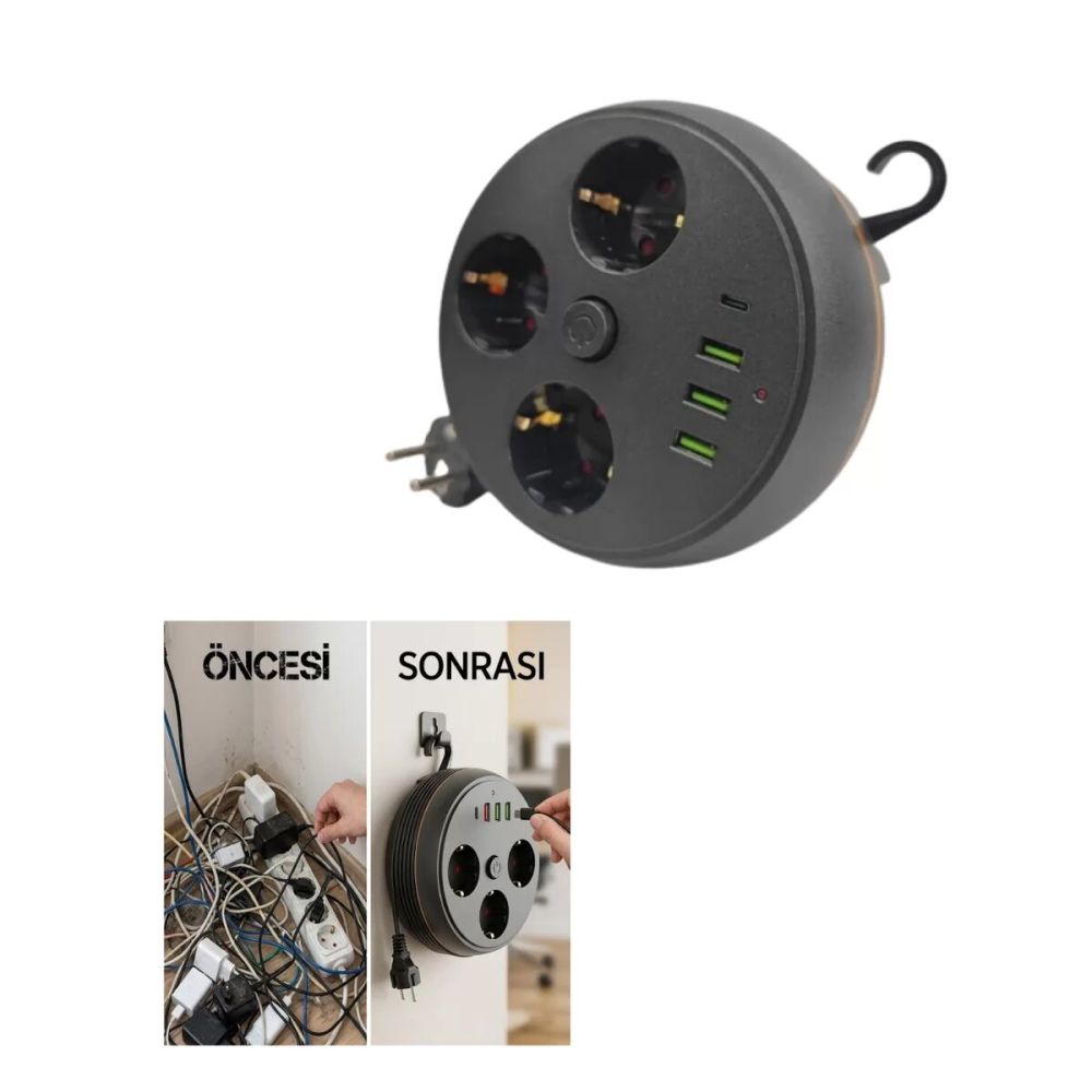 Akım Korumalı Çoklu Priz 3 Priz 3 USB 1 Type C 2 Metre Kablo Güvenli Ş