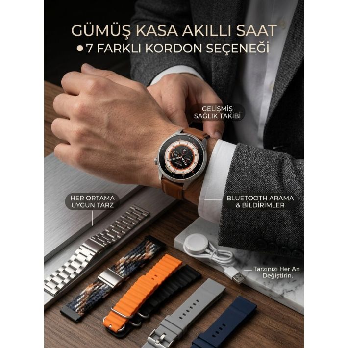 Gümüş Kasa Akıllı Saat - 6 Yedek Kordon Hediyeli