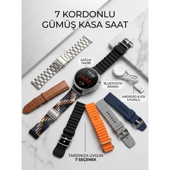 Gümüş Kasa Akıllı Saat - 6 Yedek Kordon Hediyeli