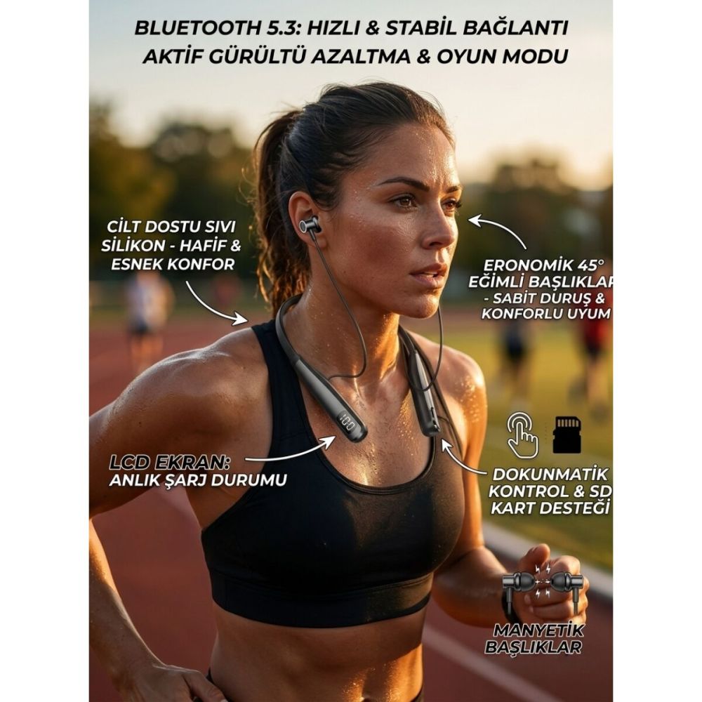 Ekranlı ve SD Kart Destekli Bluetooth 5.3 Boyun Bantlı Kulaklık