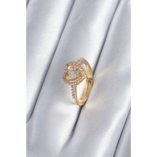Pirinç Gold Renk Zirkon Taşlı Kalp Charm Model Kadın Yüzük