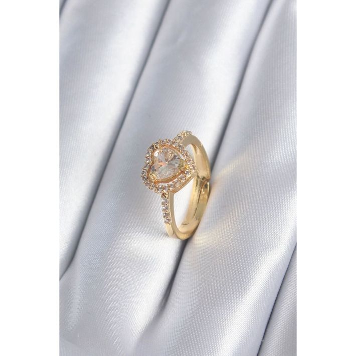 Pirinç Gold Renk Zirkon Taşlı Kalp Charm Model Kadın Yüzük