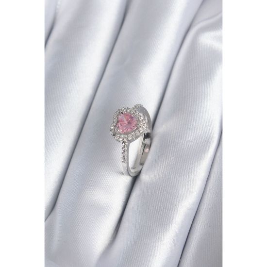 Pirinç Gümüş Renk Pembe Zirkon Taş Kalp Charm Model Kadın Yüzük