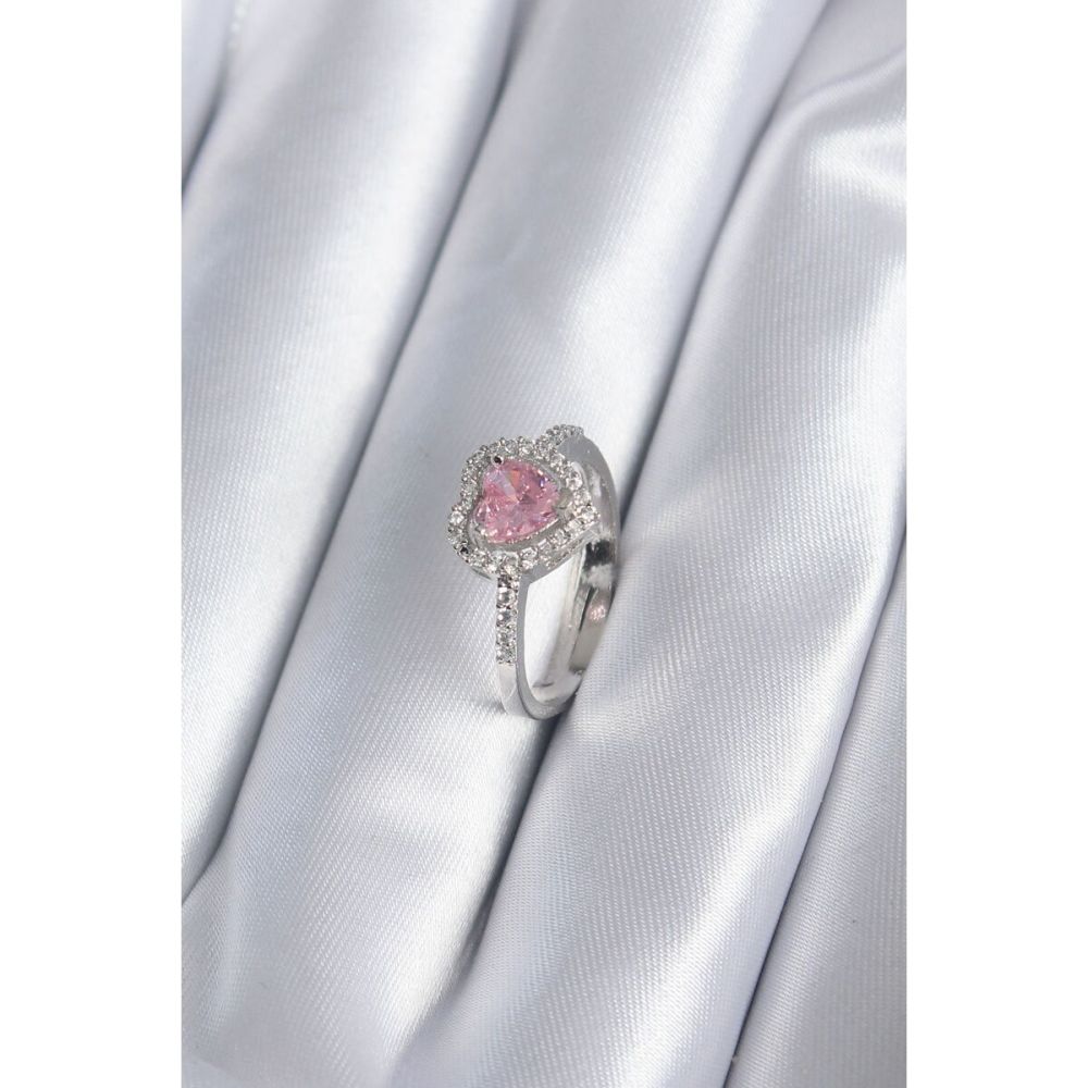 Pirinç Gümüş Renk Pembe Zirkon Taş Kalp Charm Model Kadın Yüzük