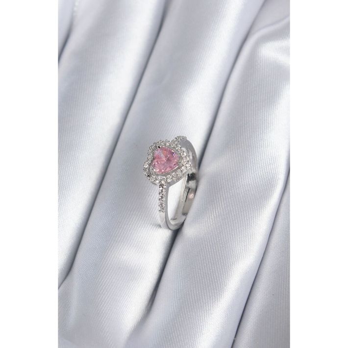 Pirinç Gümüş Renk Pembe Zirkon Taş Kalp Charm Model Kadın Yüzük