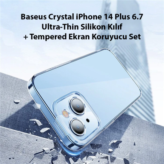 Baseus Crystal iPhone 14 Plus 6.7 Ultra-Thin Silikon Kılıf + Tempered 