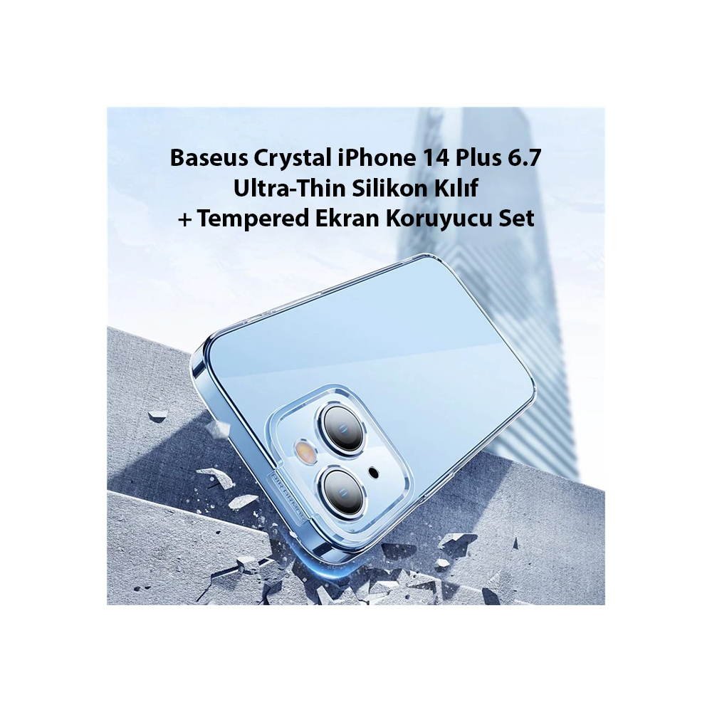 Baseus Crystal iPhone 14 Plus 6.7 Ultra-Thin Silikon Kılıf + Tempered 