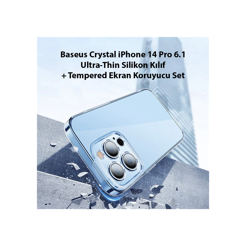 Baseus Crystal iPhone 14 Pro 6.1 Ultra-Thin Silikon Kılıf + Tempered E