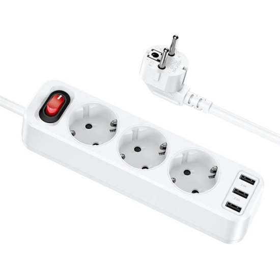 HOCO NS2 3'lü Priz 3 USB 4000W 1.8 Metre Şarj Uzatma Kablosu Akım Koru