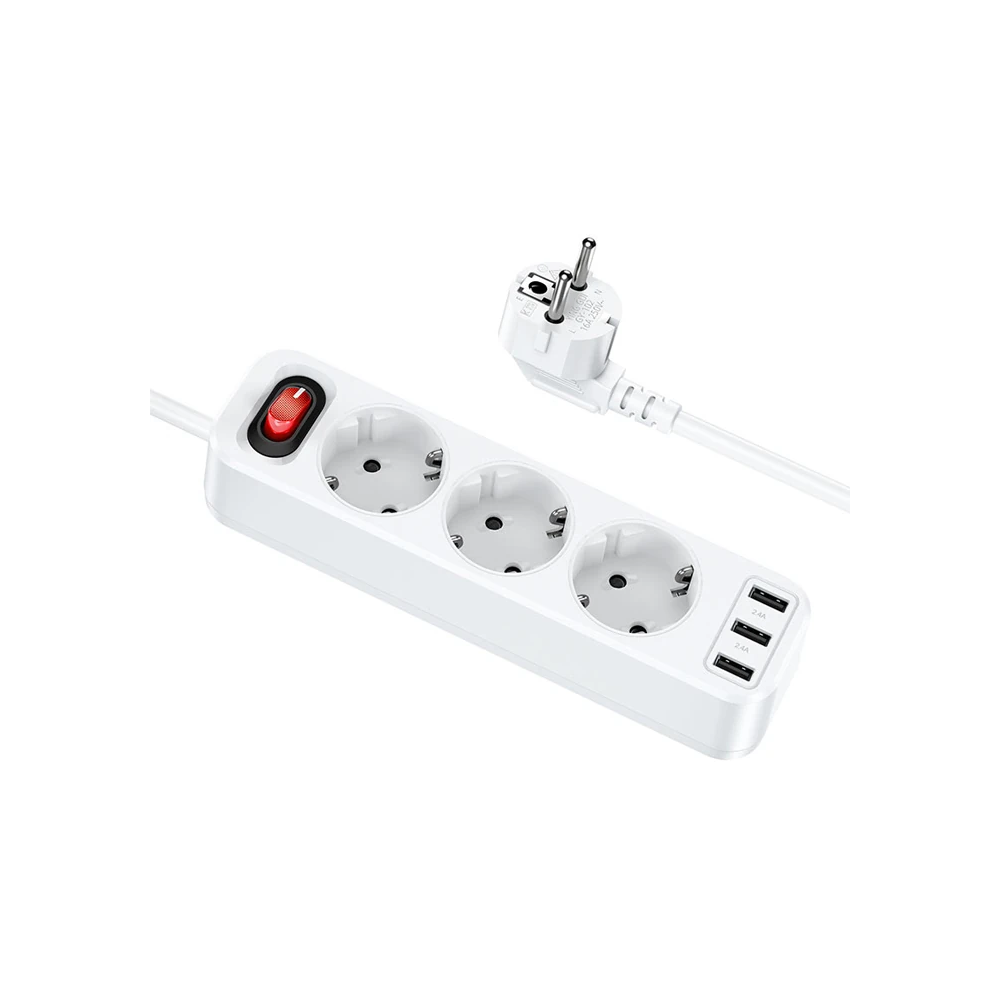 HOCO NS2 3'lü Priz 3 USB 4000W 1.8 Metre Şarj Uzatma Kablosu Akım Koru
