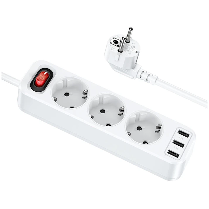 HOCO NS2 3'lü Priz 3 USB 4000W 1.8 Metre Şarj Uzatma Kablosu Akım Koru