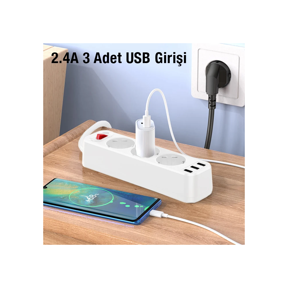 HOCO NS2 3'lü Priz 3 USB 4000W 1.8 Metre Şarj Uzatma Kablosu Akım Koru