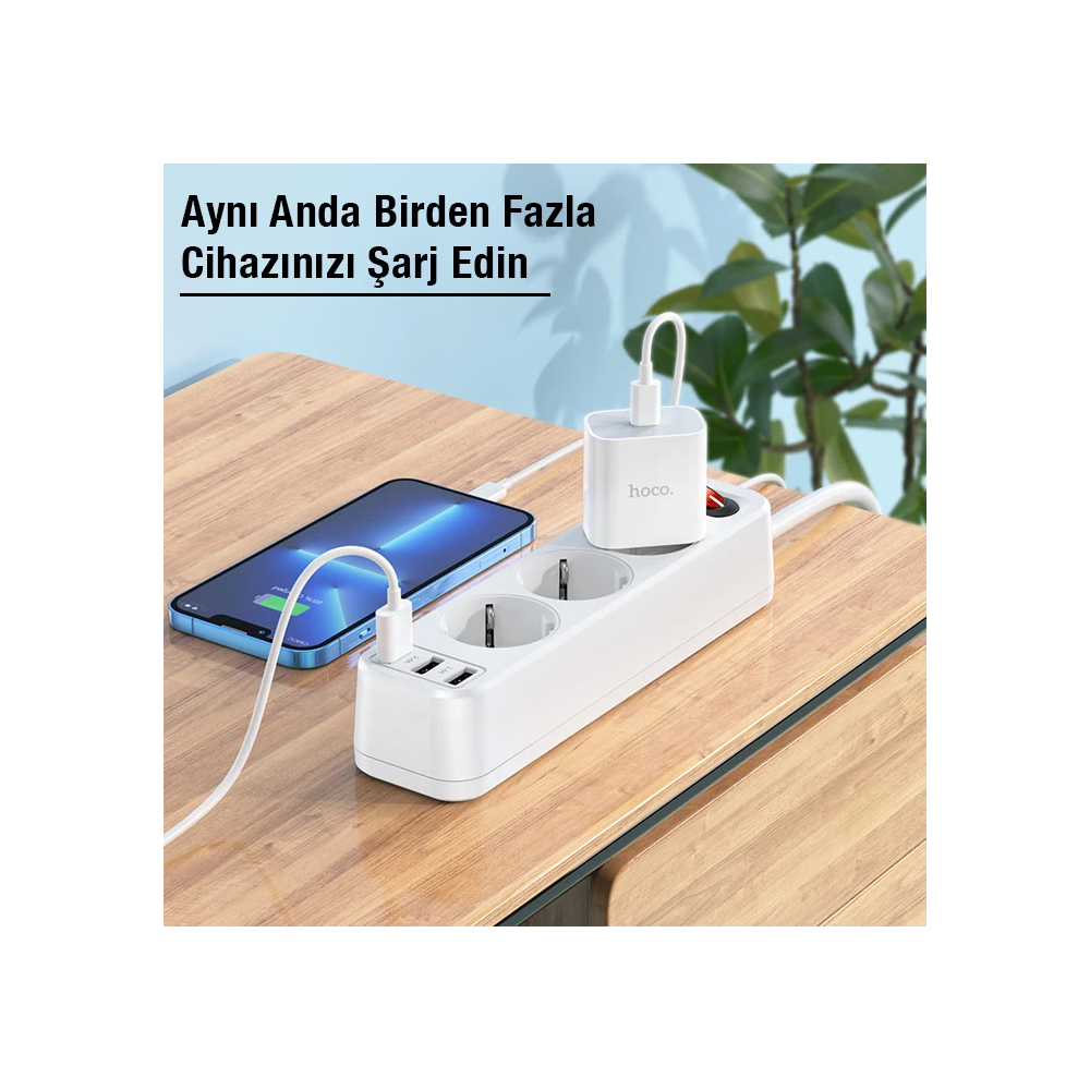 HOCO NS2 3'lü Priz 3 USB 4000W 1.8 Metre Şarj Uzatma Kablosu Akım Koru