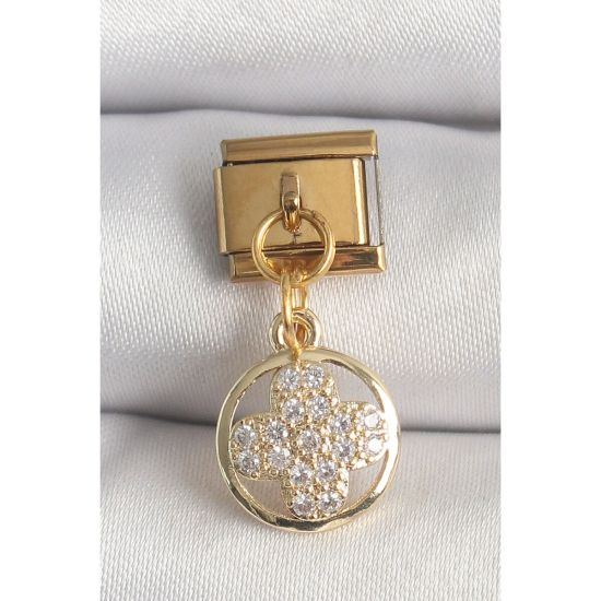 316L Çelik Gold Renk Sallantı Zirkon Taşlı Yonca Model Nomination Char