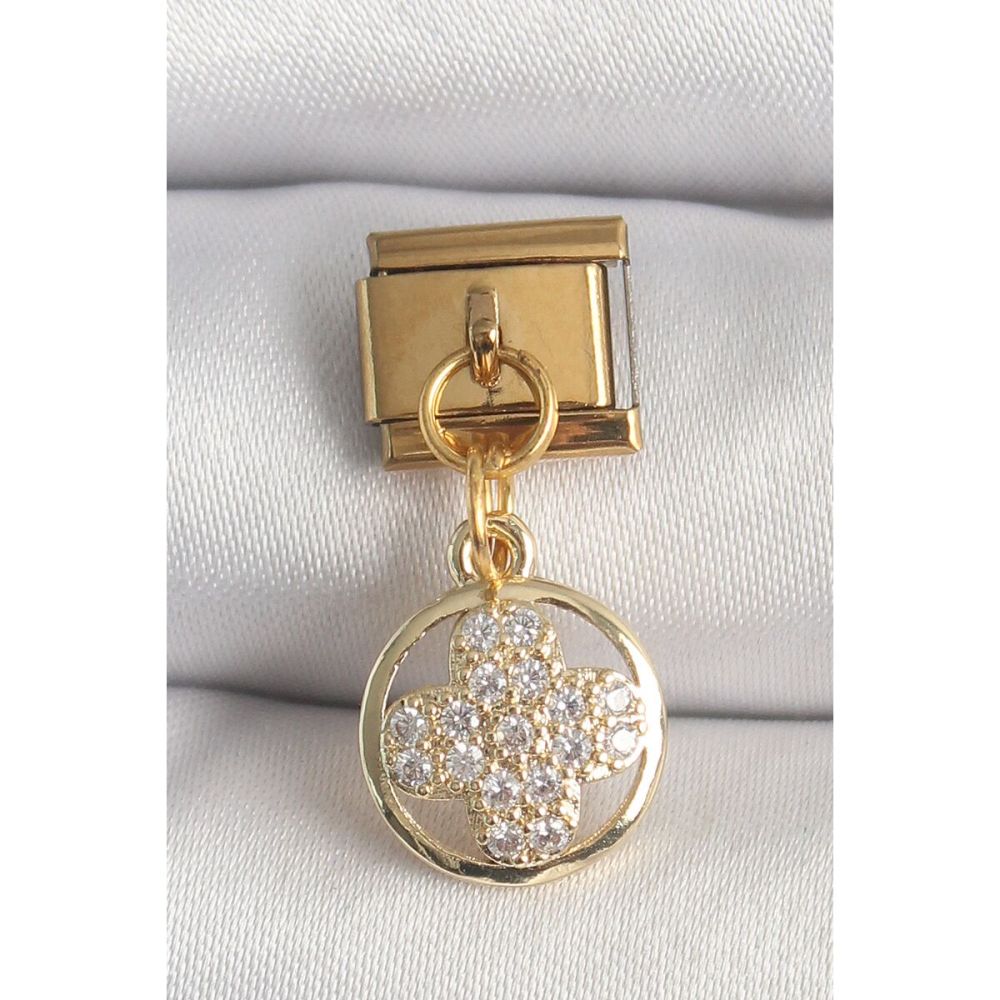 316L Çelik Gold Renk Sallantı Zirkon Taşlı Yonca Model Nomination Char