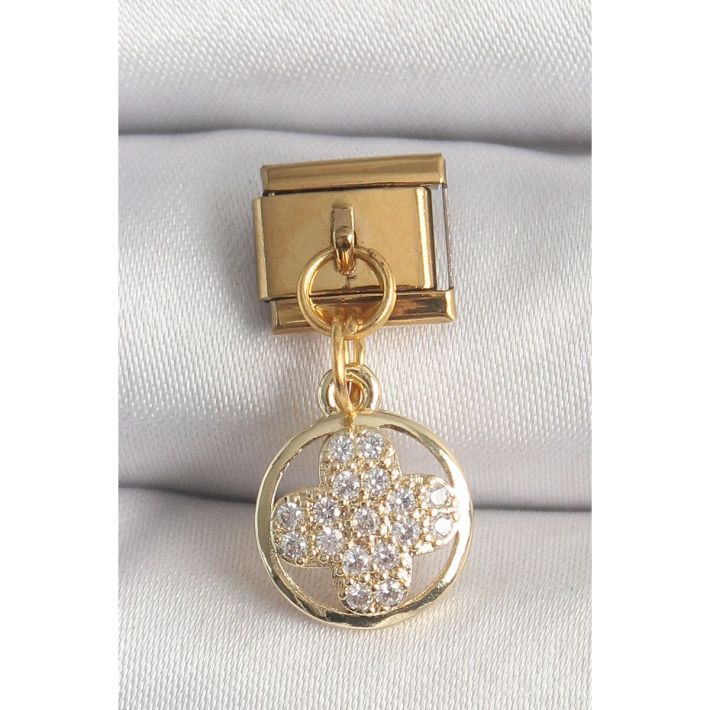 316L Çelik Gold Renk Sallantı Zirkon Taşlı Yonca Model Nomination Char