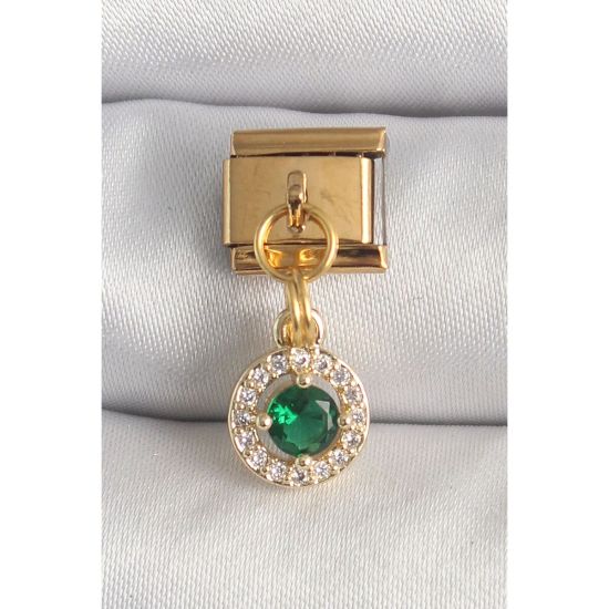 316L Çelik Gold Renk Sallantı Yeşil Zirkon Taşlı Nomination Charm