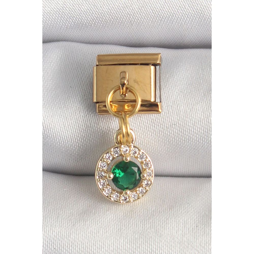316L Çelik Gold Renk Sallantı Yeşil Zirkon Taşlı Nomination Charm