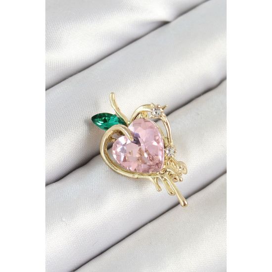Pembe Ve Yeşil Zirkon Taşlı 3D Eriyen Kalp Figürlü Gold Renk Kadın Bro