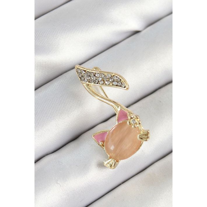 Zirkon Taşlı 3D Kedi Detaylı Nota Figürlü Gold Renk Kadın Broş
