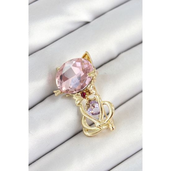 Pembe Zirkon Taşlı Kap Detaylı Kedi Figürlü Gold Renk Kadın Broş
