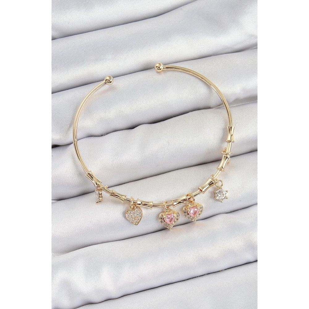 Pirinç Zirkon Taşlı Pembe Kalp Model Gold Renk Charm Bileklik