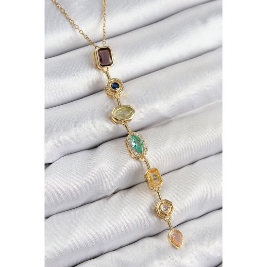Pirinç Renkli Zirkon Taşlı Model Gold Renk 7 Element Kadın Y Kolye