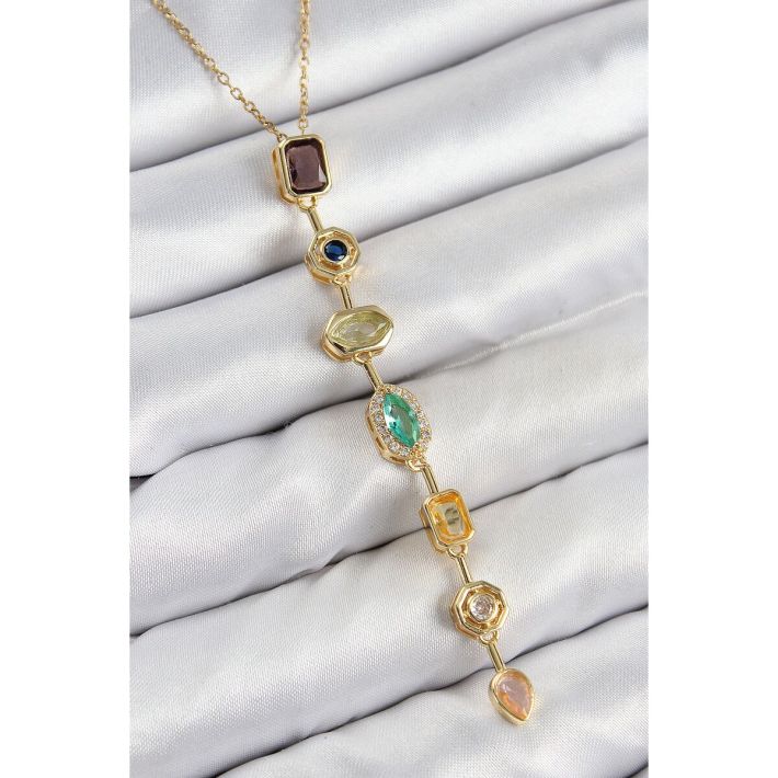 Pirinç Renkli Zirkon Taşlı Model Gold Renk 7 Element Kadın Y Kolye