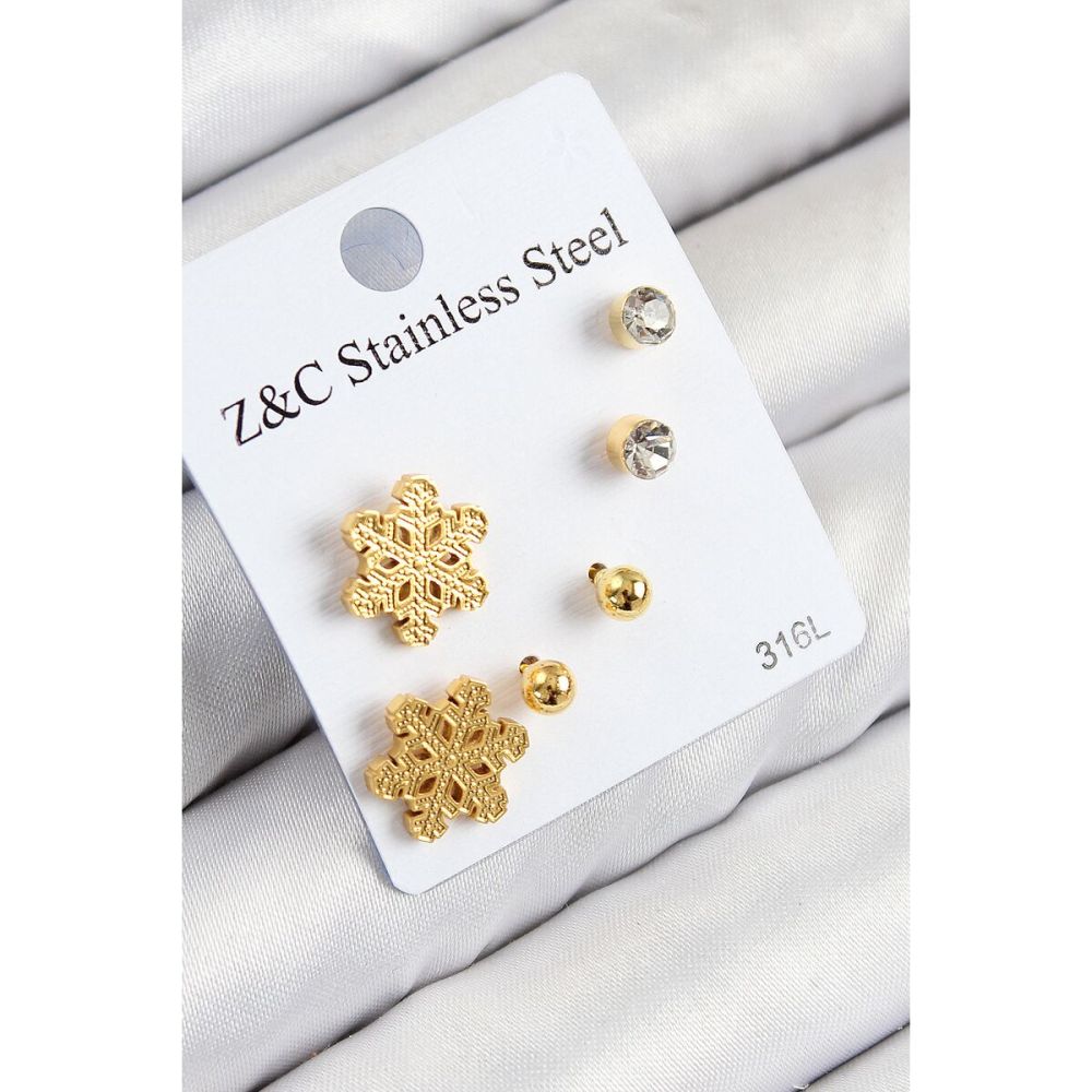 316L Çelik Zirkon Taşlı Kar Tanesi Model Gold Renk Kadın Set Küpe