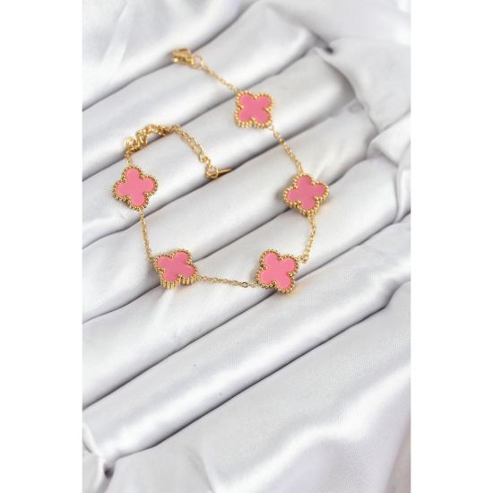 316L Çelik Gold Zincir Pembe Yonca Renk Bileklik