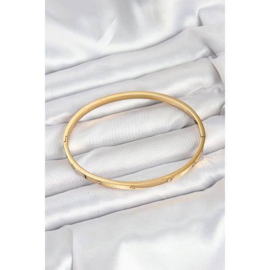 316L Çelik Gold Renk Zirkon Taşlı 65 mm İnce Kadın Kelepçe Bileklik
