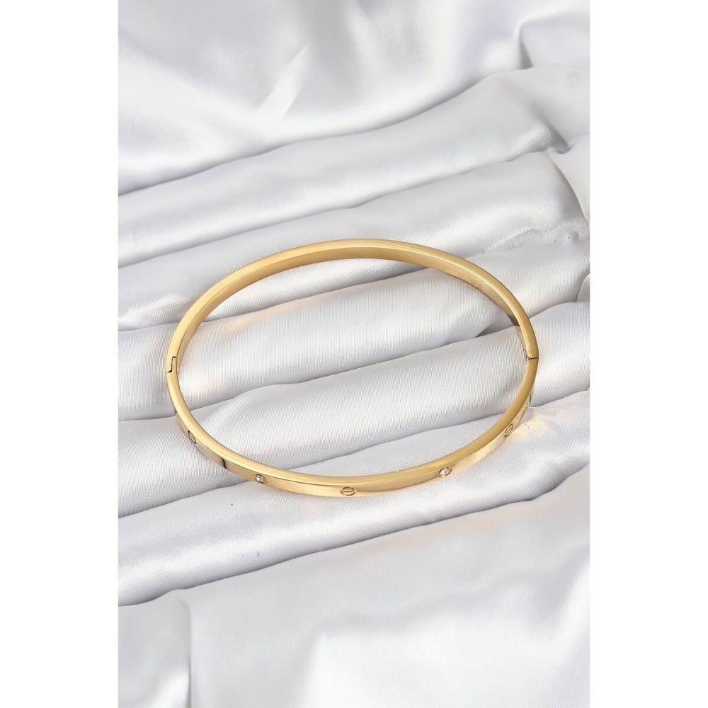 316L Çelik Gold Renk Zirkon Taşlı 65 mm İnce Kadın Kelepçe Bileklik