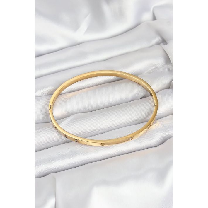 316L Çelik Gold Renk Zirkon Taşlı 65 mm İnce Kadın Kelepçe Bileklik