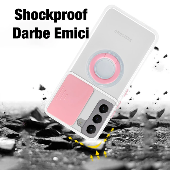 SM Galaxy S21 - S30 Kılıf Sürgülü Kamera Lens Korumalı Yüzük Standlı S